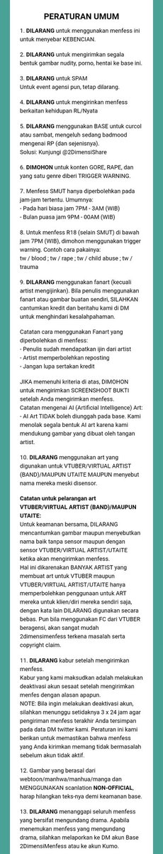 * Selamat pagi, saya sebagai penulis sudah membaca carrd dan sanggup mematuhi peraturan yang ada! Untuk cara pengiriman menfess menggunakan link yang tersedia lewat browser menggunakan trigger !2dfess