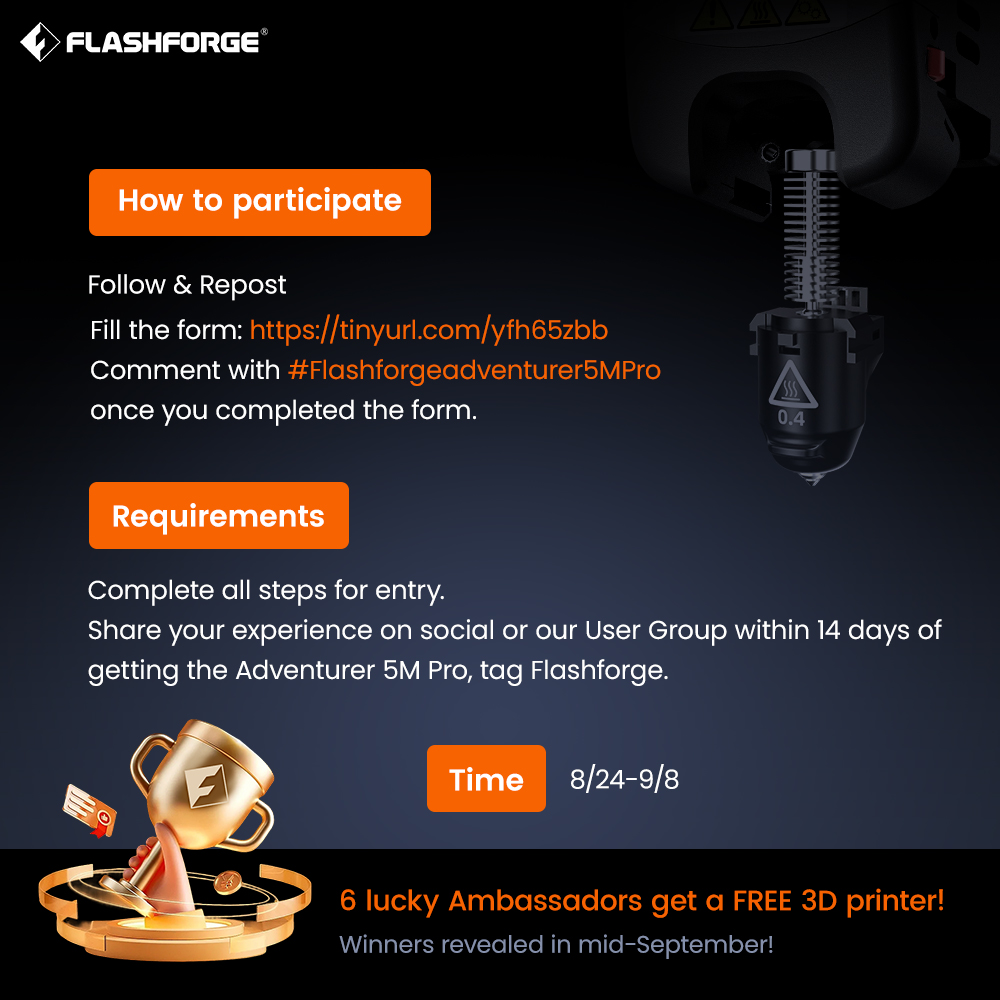 ff3dprinters's tweet photo. Calling all adventurers! Be part of the Adventurer 5M Pro testing team! Your experience counts, whether you're a newbie or an expert.
How to join:
⚡ Follow & Repost
⚡ Fill form: https://t.co/Z4brSgpzJG
⚡ Comment with #Flashforgeadventurer5MPro once you completed the form https://t.co/kVVuz57FBb