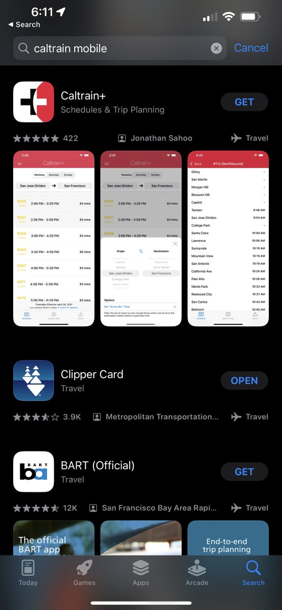 hexalellogram's tweet photo. @Caltrain Hi - I'm looking for the Caltrain Mobile app on the Apple App Store, but I can't seem to find it (there's an unofficial app but no official app). https://t.co/s1FGspRW2b