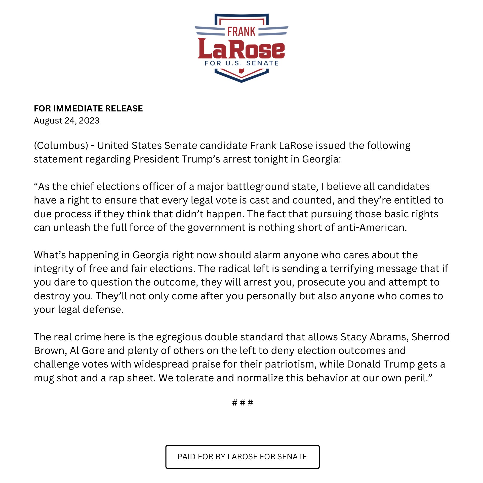 Frank LaRose on X: &ldquo;My statement on President Trump&rsquo;s arrest 