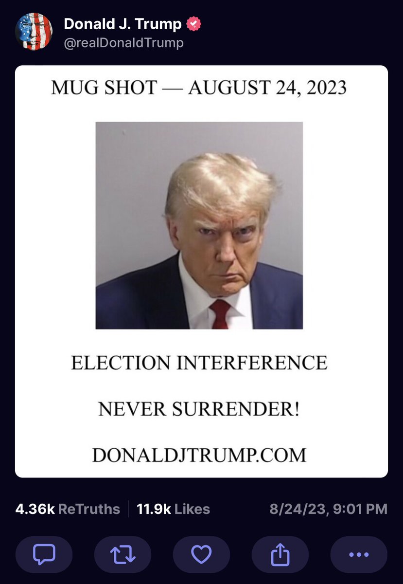 🇺🇸 | LO ÚLTIMO: Trump publica su foto de detención en su plataforma Truth Social con las frases “Interferencia electoral” y “¡Nunca te rindas!”.