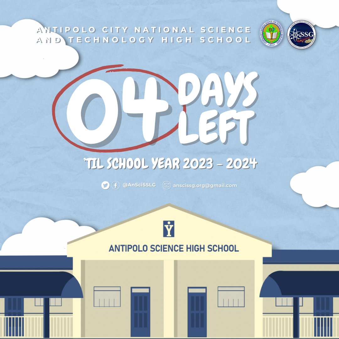 AnSciSSLG's tweet photo. 🎉𝗙𝗢𝗨𝗥 𝗗𝗔𝗬𝗦 𝗧𝗢 𝗚𝗢!🎉

The countdown continues…

📚Now that there only few days left before the opening of classes, let us gather up our school supplies and hit our goals on August 29.

#ACNSTHS
#ACNSTHSSSLG
#AimHighDreamHigh
#BackToSchool2023 https://t.co/gX52ZTkHyB
