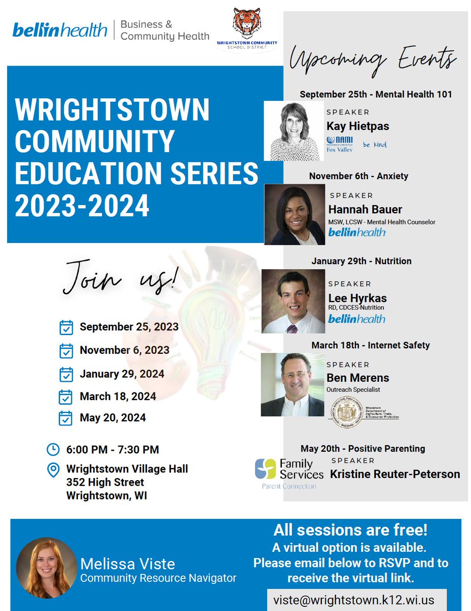 Wrightstown Community School District (@wrightstowncsd) on Twitter photo Please join us for the #WCSDStrong Community Education Series.
All sessions are free and there is a virtual option available.
RSVP to viste@wrightstown.k12.wi.us
See you there! Please join us for the #WCSDStrong Community Education Series.
All sessions are free and there is a virtual option available.
RSVP to viste@wrightstown.k12.wi.us
See you there!