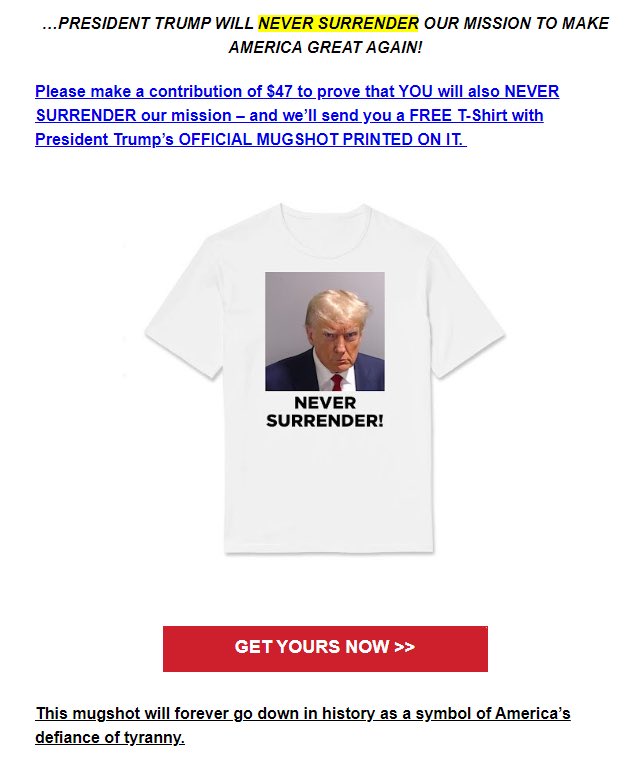 🚨#BREAKING: Trump's campaign is now selling t-shirts with his mugshot for $47