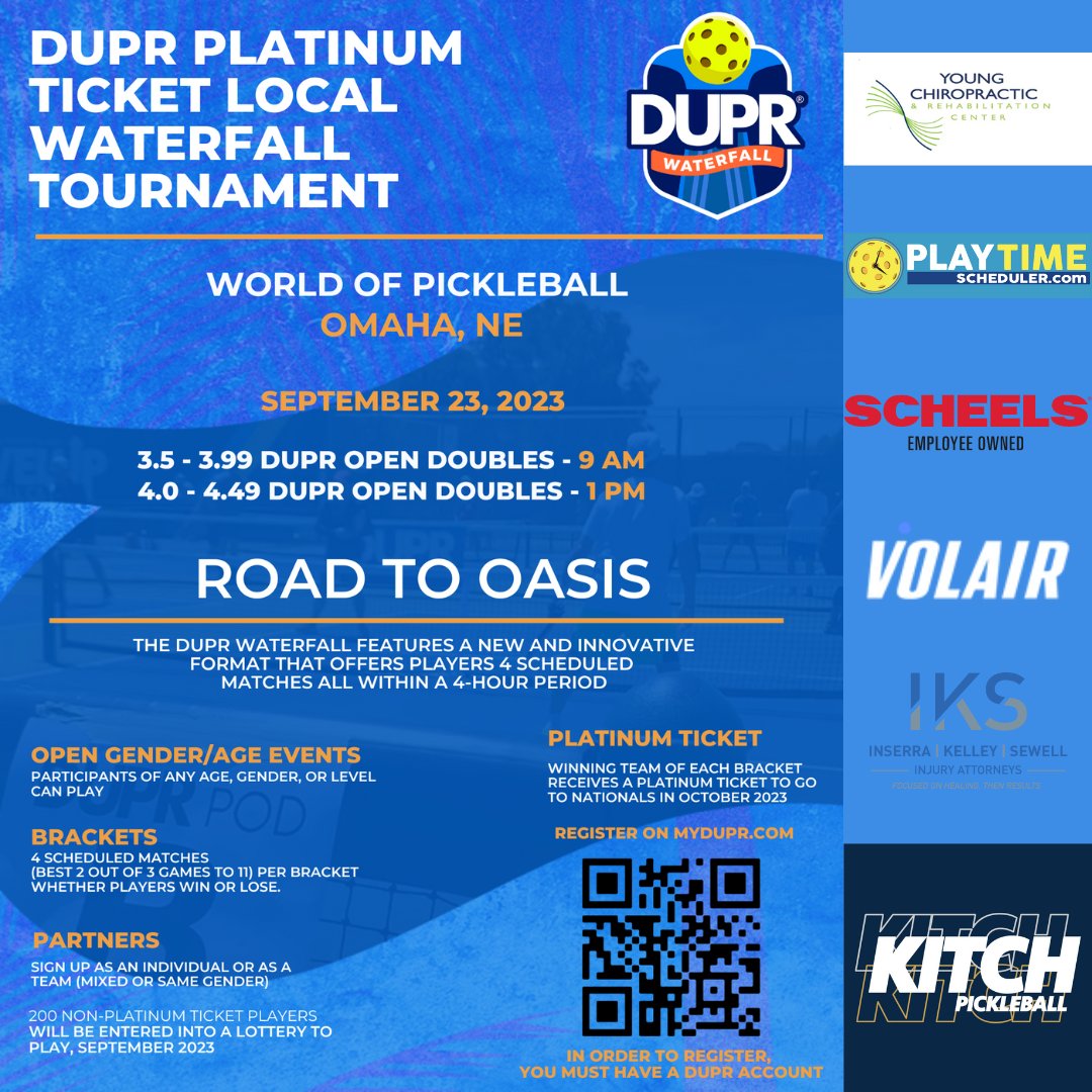 World of Pickleball Presents the DUPR Platinum Ticket Tournament! 🏆

Auctions, prizes, vendors, food, and more!

Sign up by September 4th to receive a free T-Shirt: mydupr.com/dashboard/club…

#WorldOfPickleball #PickleballPassion #ElevateYourGame #PickleballCompetition