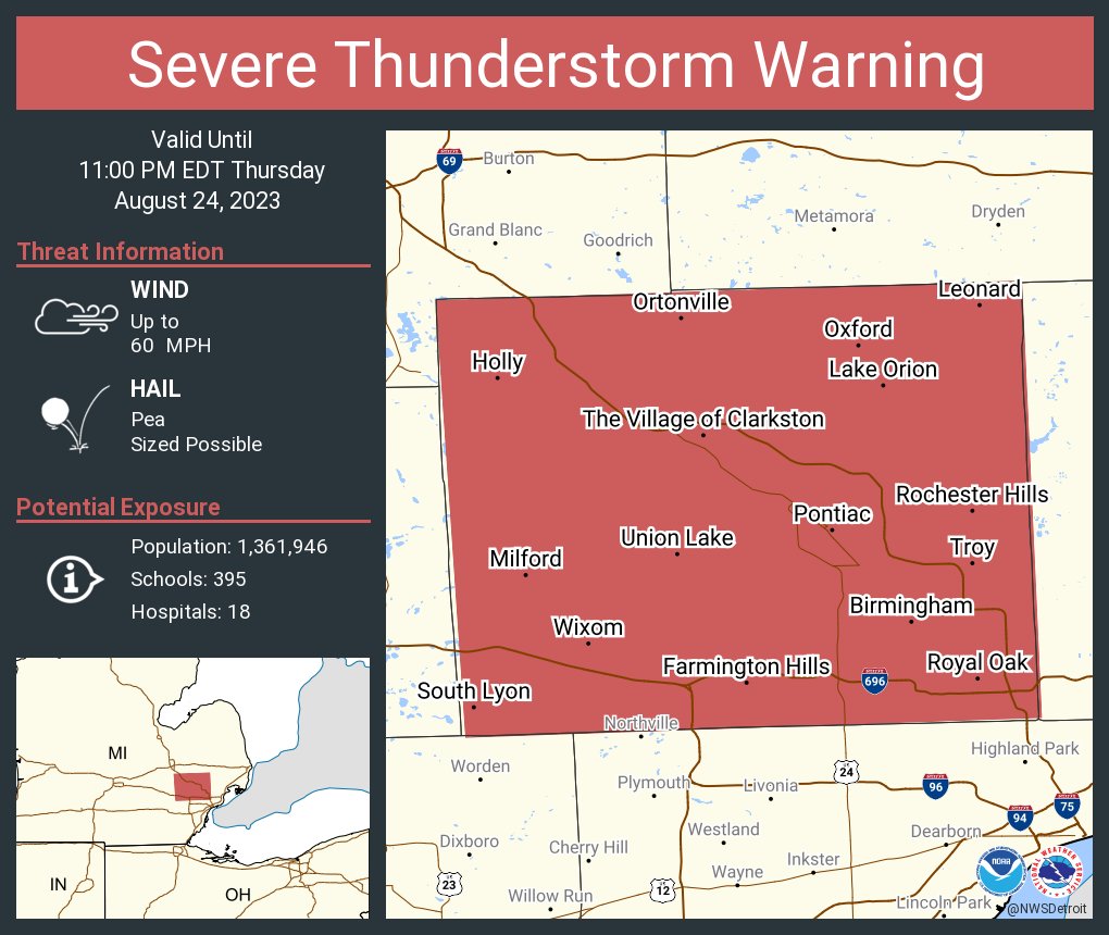 Severe Thunderstorm Warning including Troy MI, Farmington Hills MI and  Southfield MI until 11:00 PM EDT