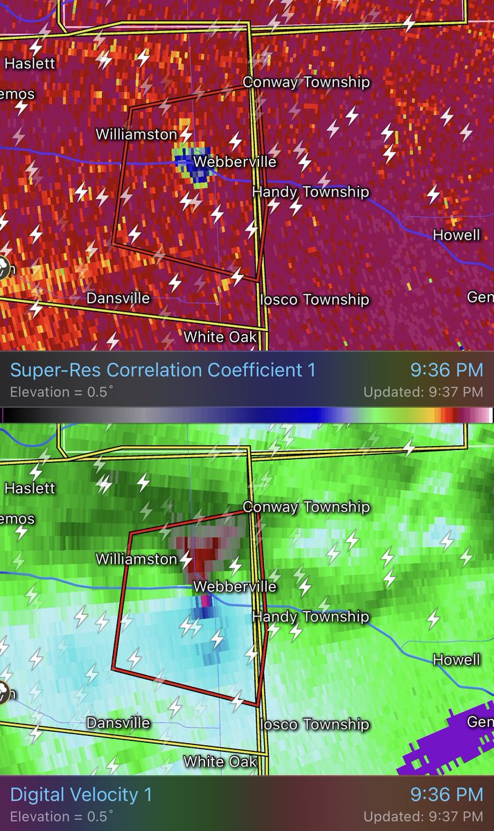 SEMichigan_Wx's tweet photo. DANGEROUS SITUATION EVOLVING WESTERN DETROIT METRO…strong tornado ongoing near Webberville moving into Livingston county. Swath of 70-90mph winds likely with apex of bowing segment south of the tornado. Treat this entire storm as a tornado and take shelter. #miwx https://t.co/YSh1xiqiNb