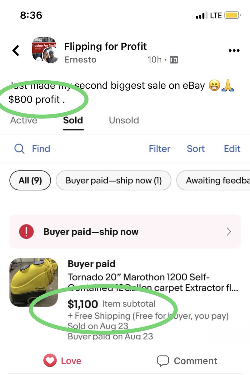 FleaMrktFlipper's tweet photo. Huge kudos to Flipper U member Ernesto on his second largest eBay sale yesterday! $1,100 sale and $800 PROFIT! https://t.co/OK3nGafUue