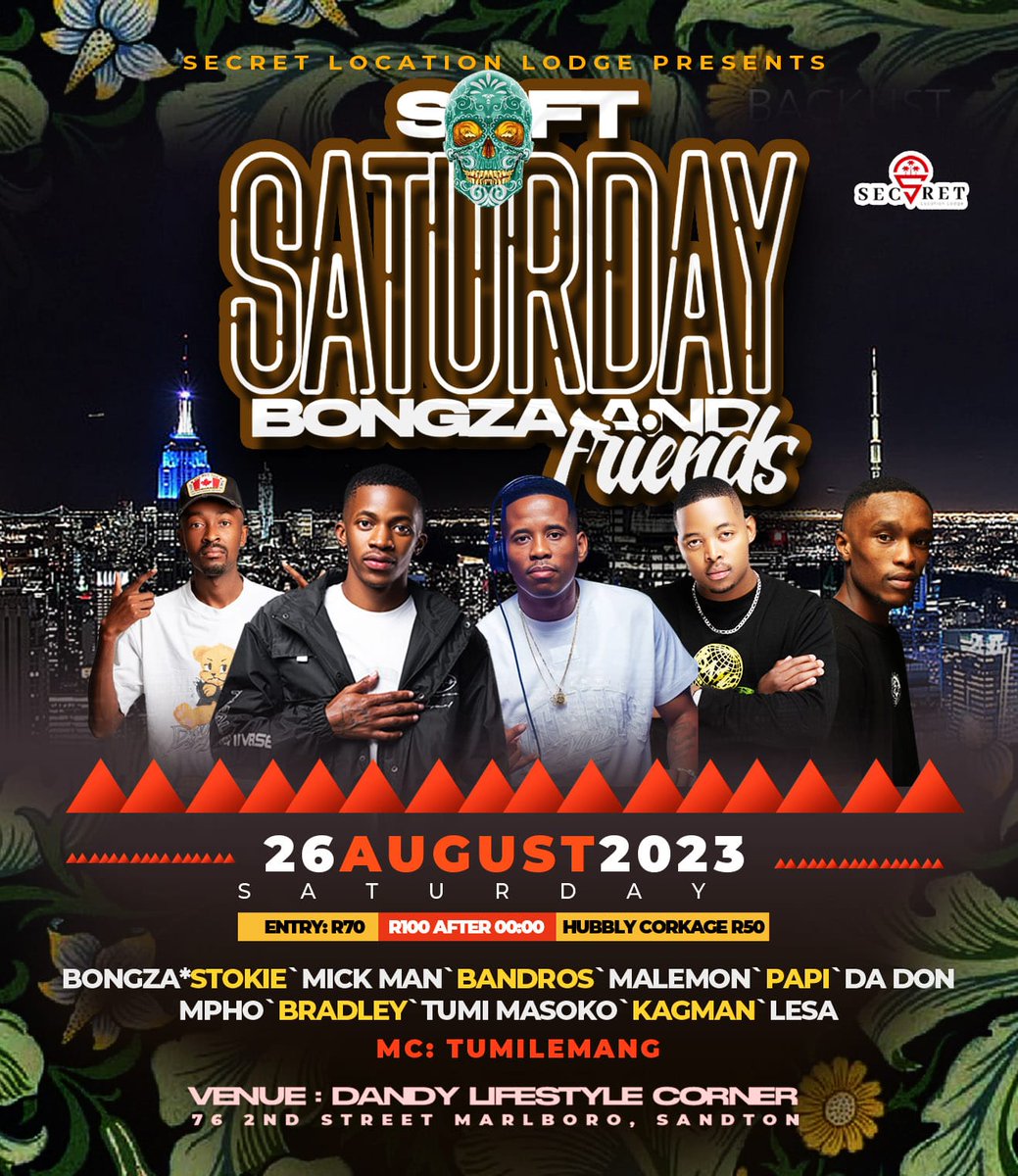 Papa Karabo. (@tumimasoko_dj) on Twitter photo #SoftSaturdays w/ Bongza
Ft. <a href="/BandrosDJ/">Bandros</a> <a href="/djstokiesa/">@djstokieSA</a> <a href="/_malemon_/">Mr Gun Jack!!</a> <a href="/realmickman_/">Mick Man</a>
📍 Dandy Lifestyle Corner
<a href="/_93Lifestyle/">SecretLocationLodge</a> #SoftSaturdays w/ Bongza
Ft. <a href="/BandrosDJ/">Bandros</a> <a href="/djstokiesa/">@djstokieSA</a> <a href="/_malemon_/">Mr Gun Jack!!</a> <a href="/realmickman_/">Mick Man</a>
📍 Dandy Lifestyle Corner
<a href="/_93Lifestyle/">SecretLocationLodge</a>