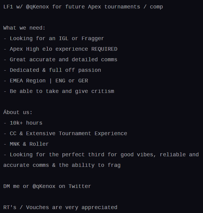 LF1 for future Apex tourneys &amp; comp with <a href="/qKenox/">Kenox</a>

RT's / Vouches are very appreciated 🫰