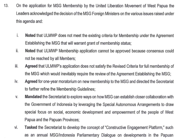 stephendziedzic's tweet photo. Right. Finally have the MSG Leaders Summit communique. Melanesian leaders reject ULMWP's bid for full membership. No consensus. Benny Wenda and co will be bitterly disappointed by this, while Indonesia will be very pleased 1/ https://t.co/7keV9WGFDR