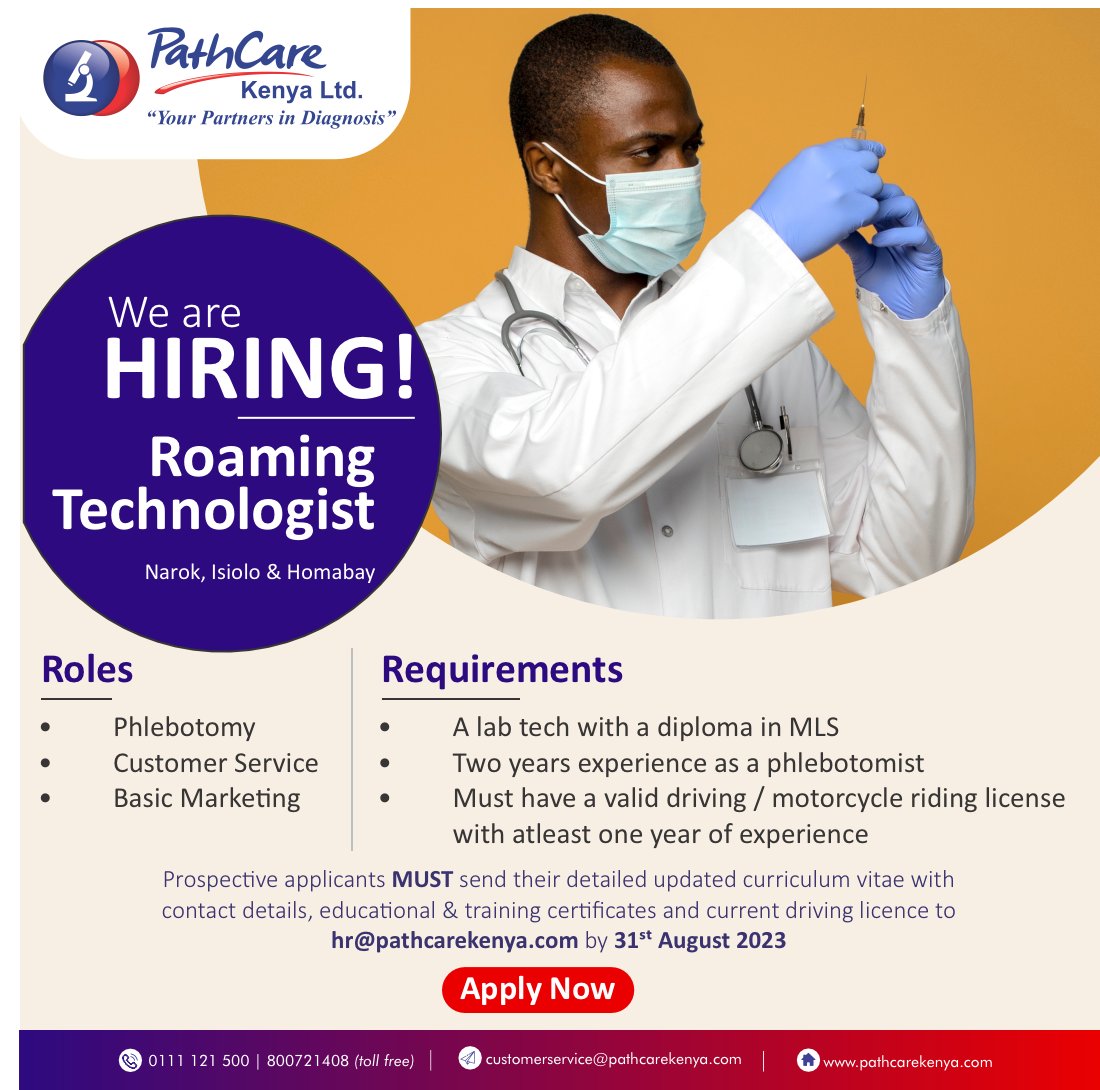 PathcareKenya's tweet photo. We are #hiring for the position of "Lab Technologist"
All applicants are required to send their detailed updated CVs including education & training certificates to hr@pathcarekenya.com by 31st August 2023
#IkoKaziKE
#PathToCare https://t.co/1ZITB6IJh9