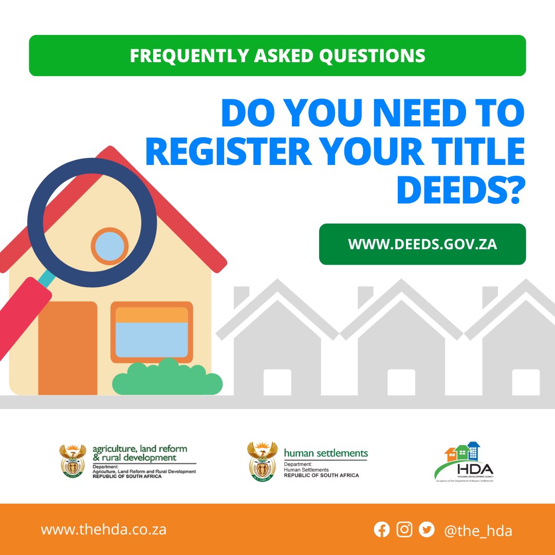 the_hda's tweet image. DO YOU NEED TO REGISTER YOUR TITLE DEEDS?

You can do this at the Deeds Registration offices. Deeds Registration is an entity of the Department of Rural Development and Land Reform (dalrrd).

#TheHDA #DHSProjects #HdaAtWork #RebuildTheHDA #RDPHousing #titledeeds