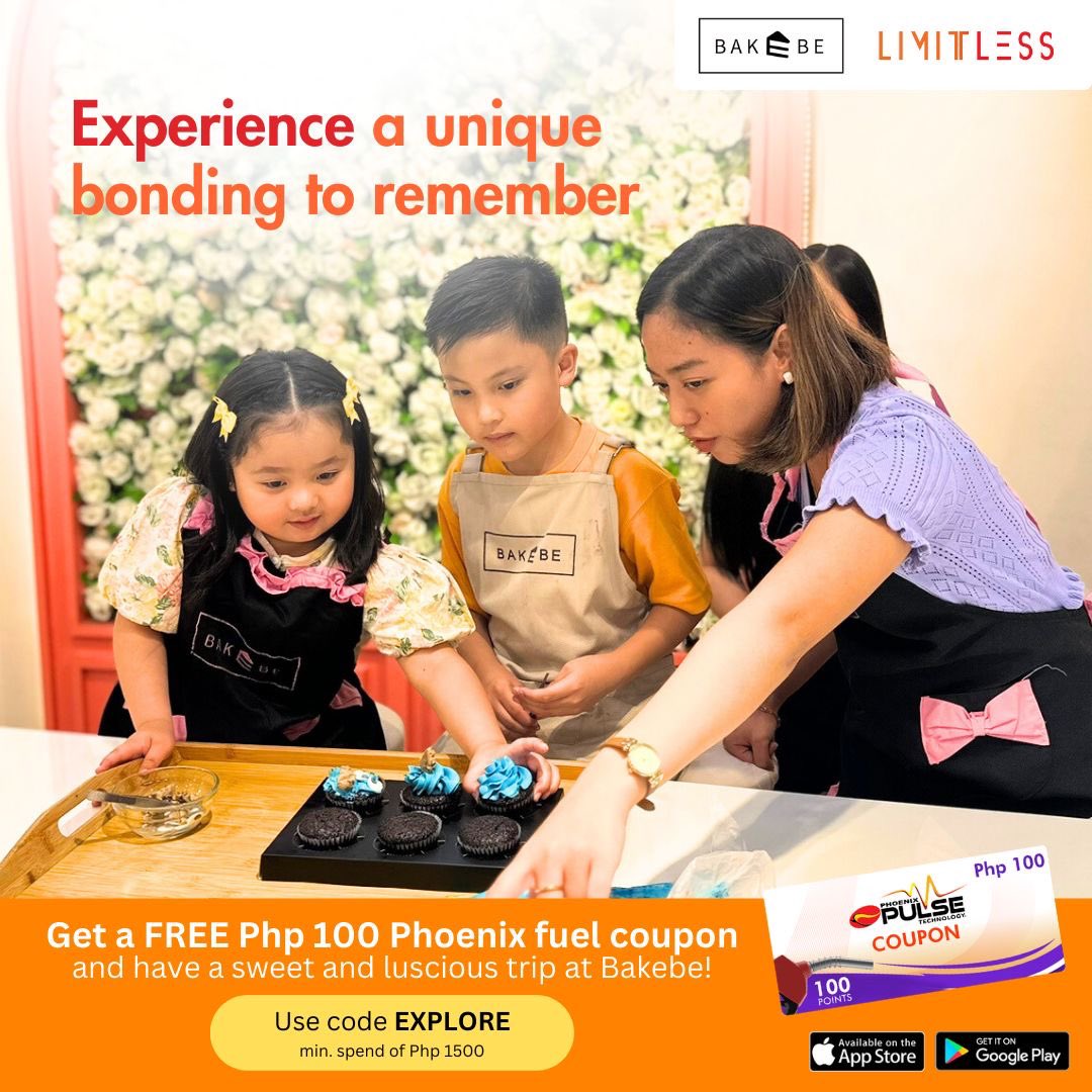 Looking for a unique bonding experience with the fam this weekend?

Unleash your baking skills at Bakebe! Buy a minimum of Php 1,500 worth of Bakebe vouchers via LIMITLESS, and get a FREE Php 100 fuel coupon by using the code EXPLORE when your checkout.