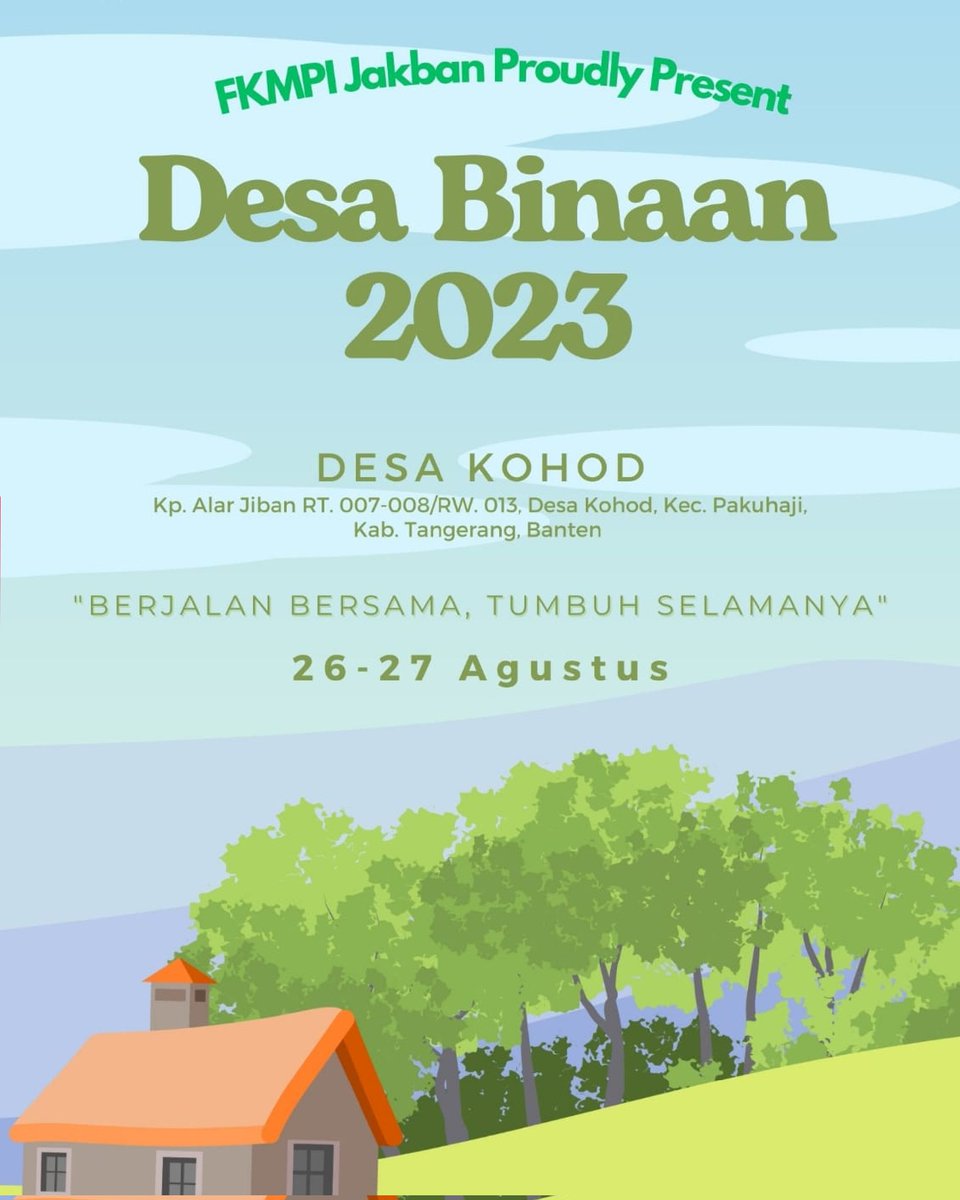DESA BINAAN FKMPI JAKBAN 2023

Insyaallah Dilaksanakan pada :
🗓 : 26-27 Agustus 2023
📍 : Kampung Alar Jiban, Desa Kohod

maps.app.goo.gl/eHahVUFk9ocXdk…

Untuk info lebih lanjut:
📲 088293108618 (Zia)