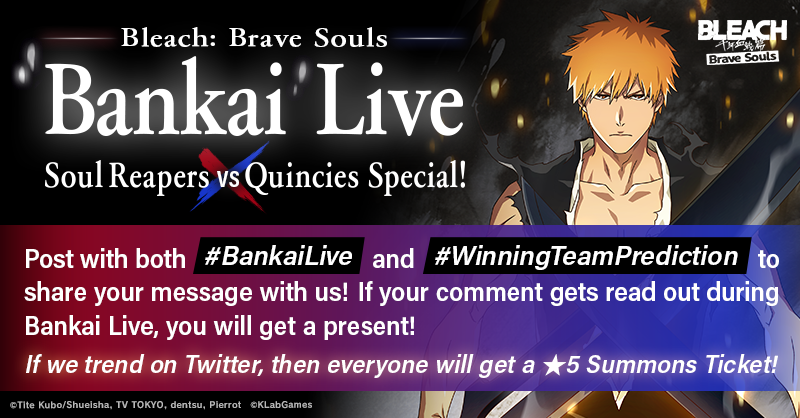 bleachbrs_en's tweet photo. Bleach: Brave Souls Bankai Live Soul Reapers vs Quincies Special! is starting today from 8:00 pm JST!
Team Morita will be going up against Team Sugiyama!
Tweet out with #BankaiLive and #WinningTeamPrediction to join in on the fun!
Watch here: https://t.co/iVwY7UHyZK https://t.co/rzTHKLP3Z5
