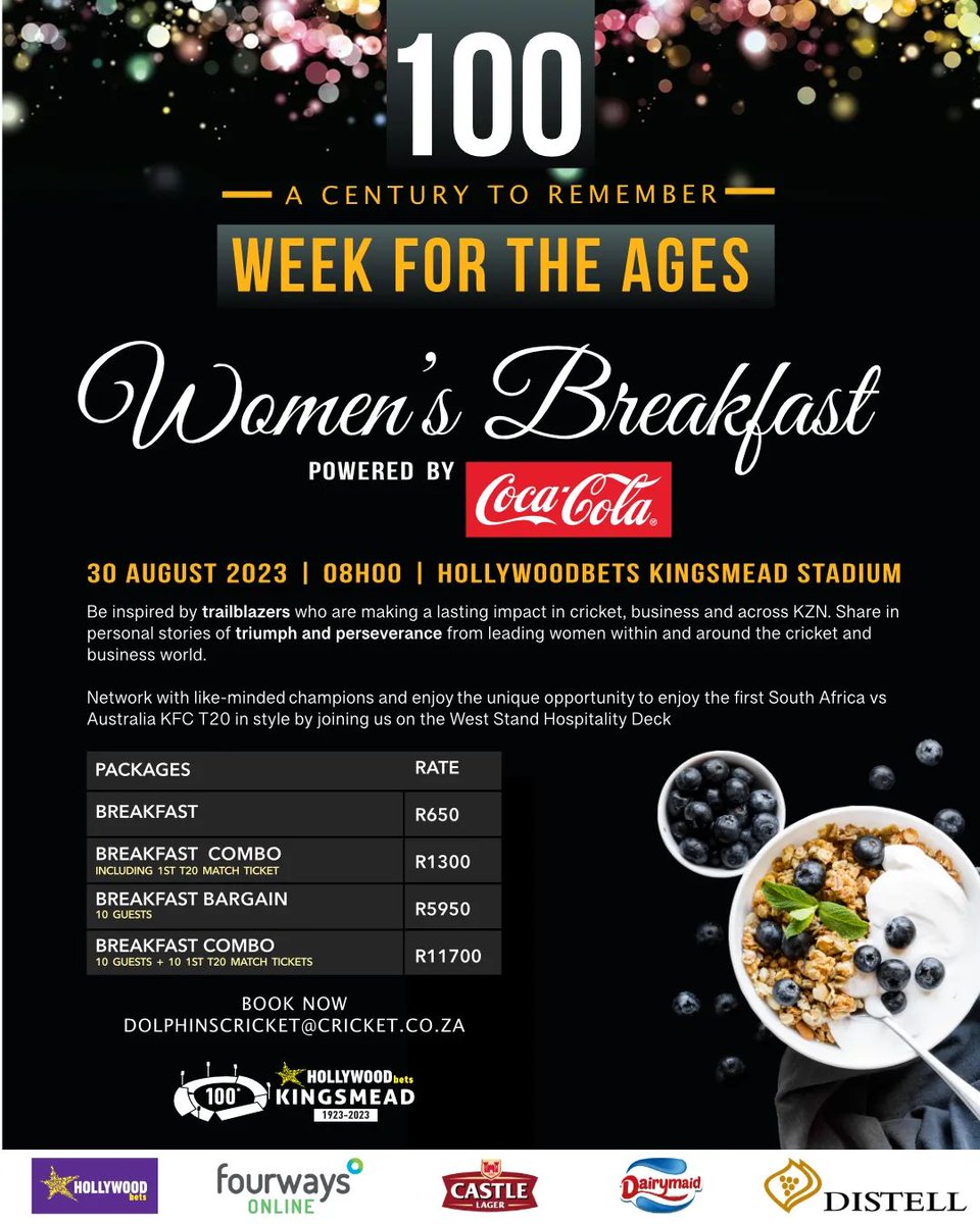 Inspriration and motivationtime! Register for the Women's Breakfast at Kingsmead on August 30th and meet trailblazers of the business and cricket world. Learn what makes these unique and amazing women tick! The power is in your hands! 

#Getinspired #Powerinyourhands