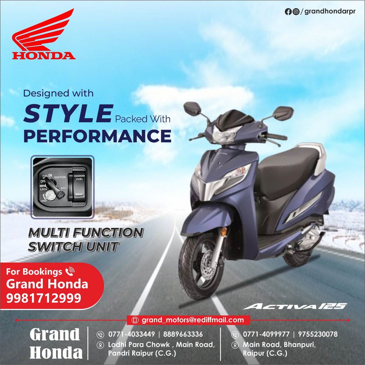 Activa 125: Style, performance, and convenience all in one scooter.
.
.
BOOK YOUR HONDA NOW!!
.
.
.

#grandhonda #Activa125 #ScooterStyle #PerformanceOnWheels #ConvenienceMatters #ScooterPerfection #StyleAndPower #EffortlessRides #ScooterLife #CruisingInStyle