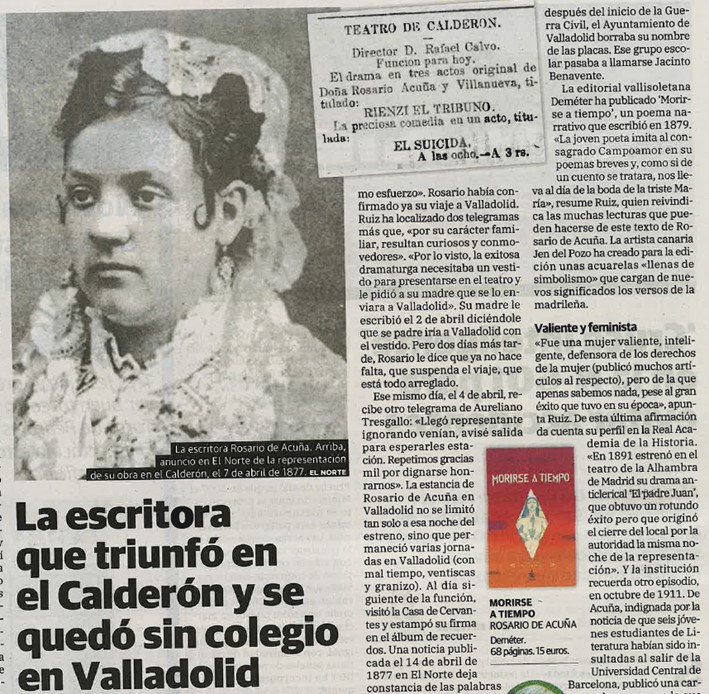 EditorDemeter's tweet photo. El 20 de agosto apareció este artículo en #elnortedecastilla sobre Rosario de Acuña y su paso por Valladolid.
Nos encanta que la figura de esta mujer tan increíble llegue a más lectores y es un orgullo haber editado una de sus obras.
#RosariodeAcuña #Valladolid #MorirseaTiempo https://t.co/4pN0ktEjOj