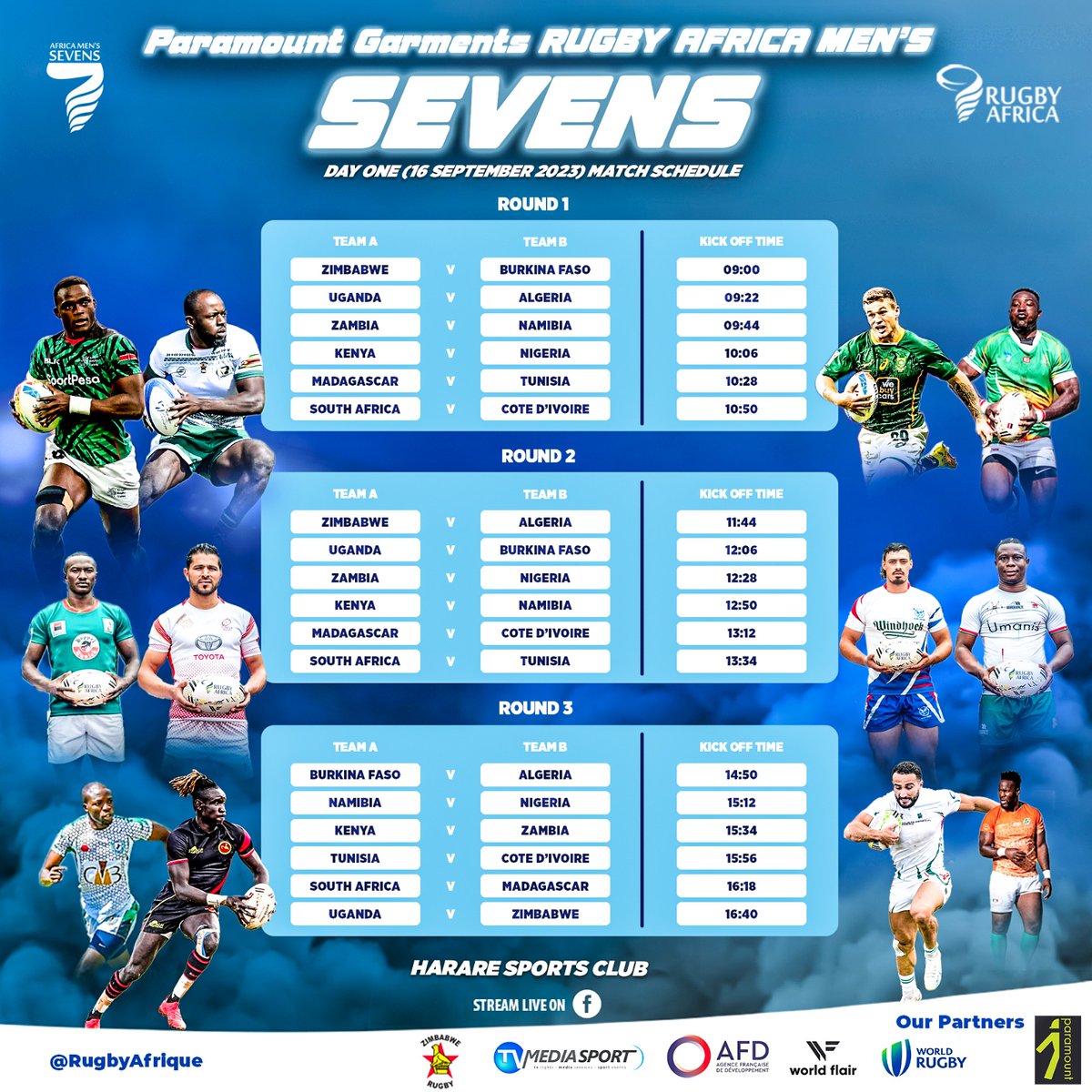 🏉The Day One Match Schedule is finally here for the Olympic Rugby 7s Qualifiers happening on the 16th & 17th of September 2023!🙌 

#AfricaMensSevens #OlympicQualifiers #Rugby7s #HarareSportsClub #ZimbabweRugbyUnion #RugbyAfrica #RoadToOlympics #SportingExcellence #RugbyFever