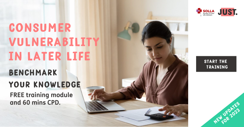 60 minute CPD opportunity – Consumer Vulnerability in Later Life, developed in collaboration with SOLLA. Updated for 2023. New learning outcomes include Consumer Duty and the FCA expectations concerning vulnerability. #FinancialPlanning #Paraplanners ow.ly/mizc50PzSOm