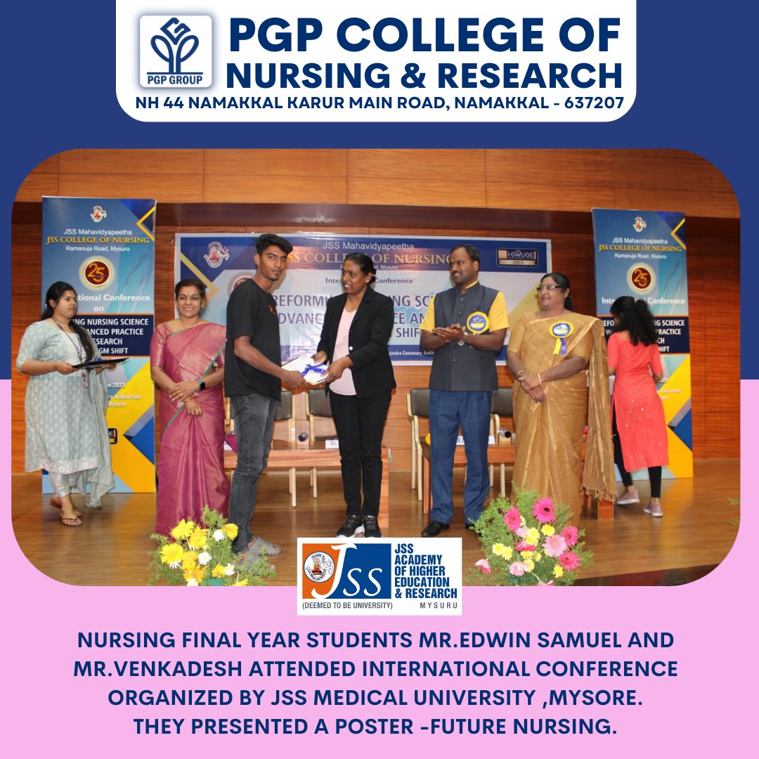 pgpcollegenkl's tweet photo. Educating today, shaping healthcare tomorrow! 👩‍⚕��� So proud of Mr. Edwin Samuel and Mr. Venkadesh, our Nursing Final Year rockstars, for representing and presenting their visionary poster on 'Future Nursing' at the International Conference by JSS Medical University, Mysore. 🏥📚 https://t.co/NUf0nuzTPa