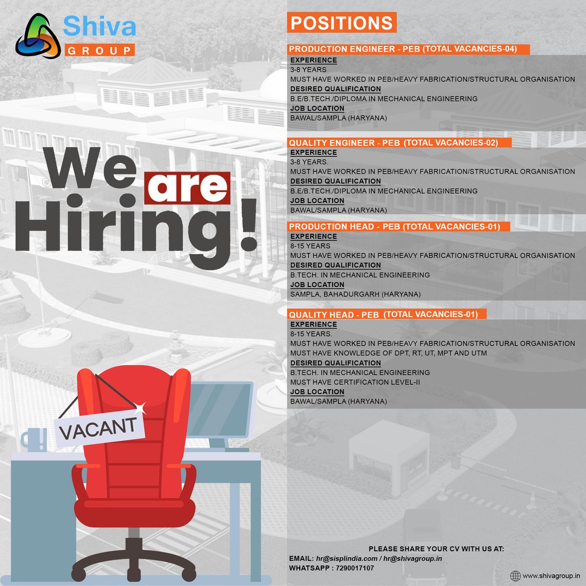 Join the Shiva Group Family! We're on the lookout for talented individuals to join our team. If you're ready to embark on a journey of growth and innovation, send us your CV today. 
Email: hr@shivagroup.in/hr@sisplindia.com
Whatsapp: +91-7290017107
#ShivaGroupHiring #JoinTheTeam