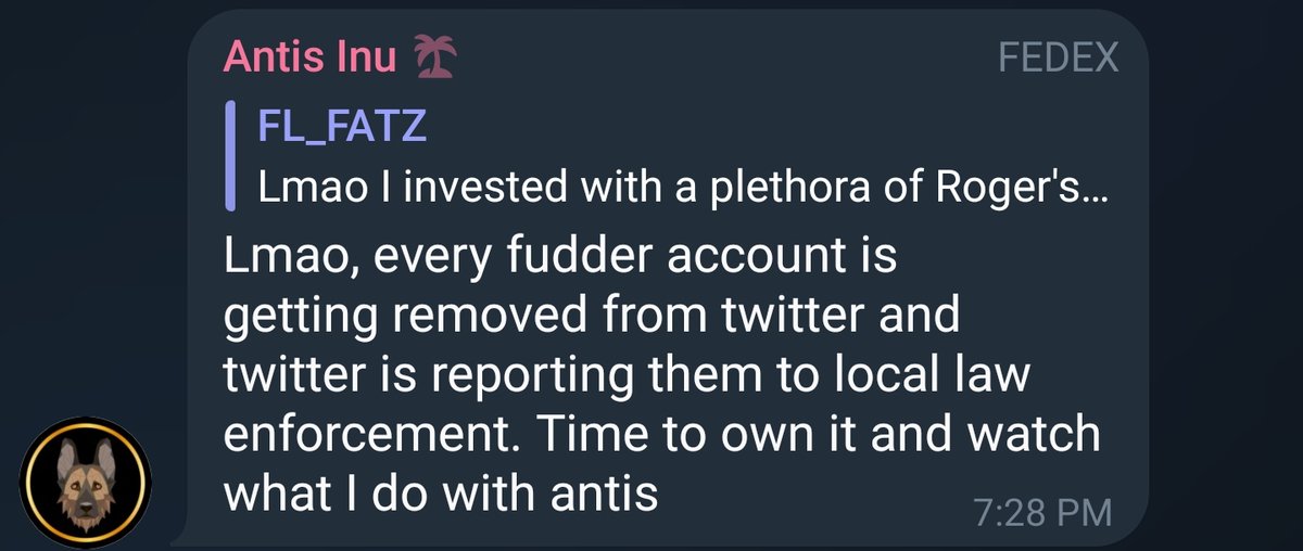 bullsvsbearsTG's tweet photo. @moon_dev_123 aka @antis_inu_ aka bot larper @meme_it_bot 

Roger is getting desperate with the lies about us and his capabilities. He has threatened to sue us numerous times since DEC, etc.. etc..

We are undefeated $antis #antis with 100% success! https://t.co/UNzqguoHUR