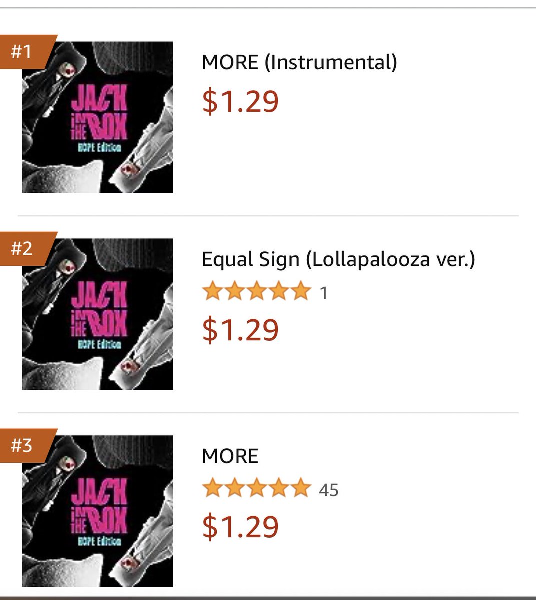 jhscentric's tweet photo. Amazon 🇺🇸: Best Sellers

#1 MORE (Instrumental)
#2 Equal Sign (Lolla ver.)
#3 MORE
#6 Future (Lolla ver.)
#8 Equal Sign (=)
#9 Future
#11 Arson (Instrumental)
#8 STOP (Lolla ver.)
#15 Arson (Explicit)
#18 Pandora’s Box
#19 STOP
#20 Intro
#21 Music Box
#23 Safety Zone
#24 What if https://t.co/iozcphvx7R