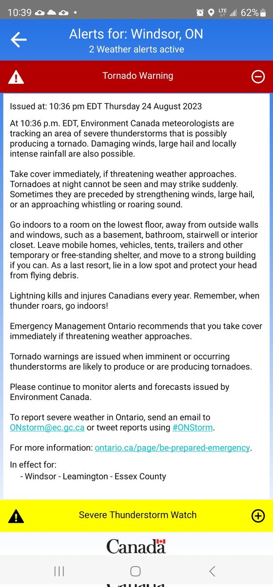 monhyp88's tweet photo. 10:40 PM EDT TORNADO WARNING for Windsor. Take shelter! Tornadoes at night are particularly dangerous as you can't see them coming #onstorm https://t.co/G2DOLGUPL4
