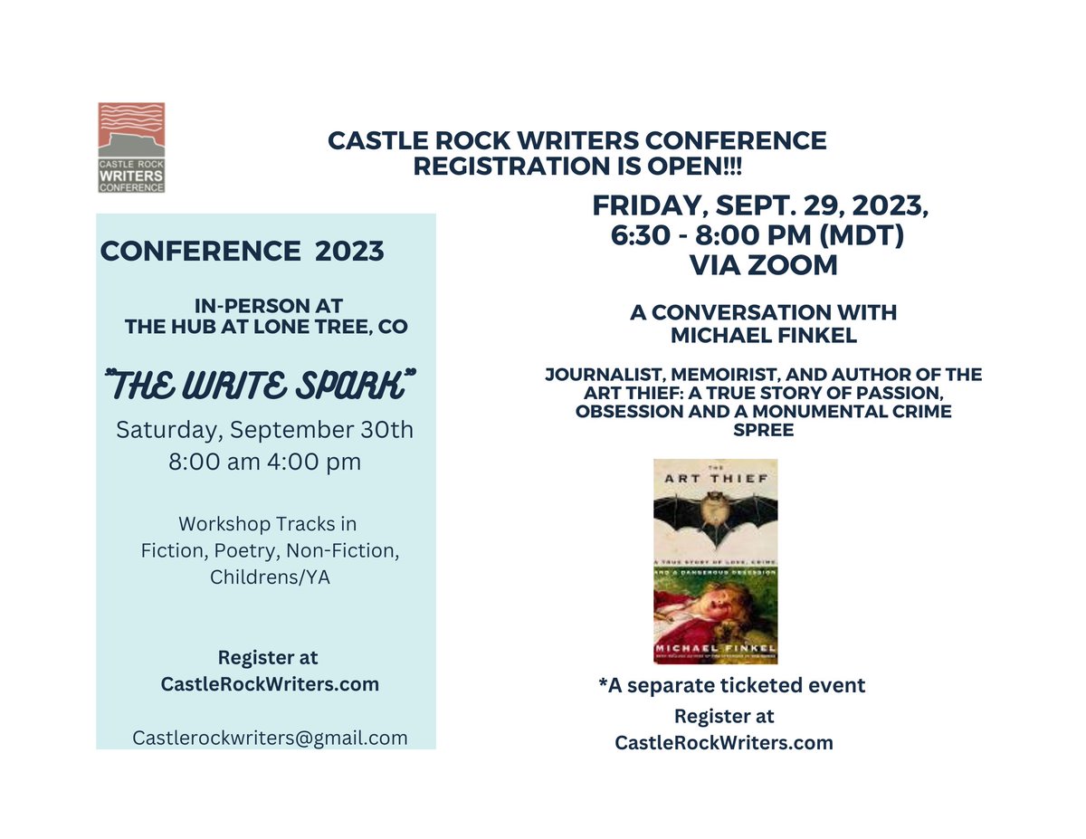 Two Amazing Events Brought to You by Castle Rock Writers: Conference 2023 &amp; "The Art Thief" Special Event! Read all about it below!

mailchi.mp/[xxxxxx]/latea…