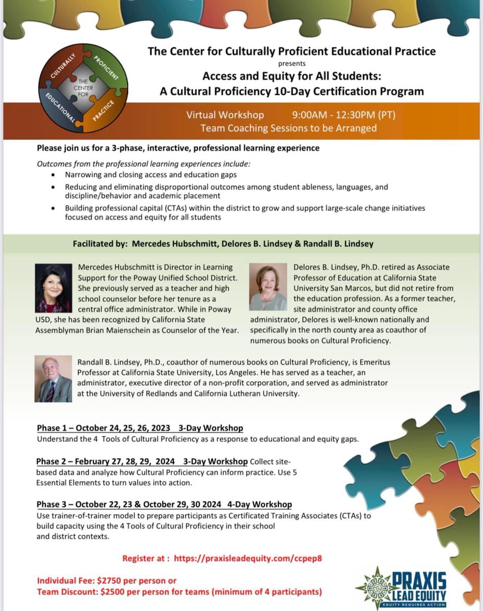 Please share with those who may be interested.

Have you, like me, always wanted to be trained in Cultural Proficiency by Drs. Delores Lindsey and Randall Lindsey but couldn’t make the full day in-person sessions work in your schedule? Or maybe you wanted to send a team to San