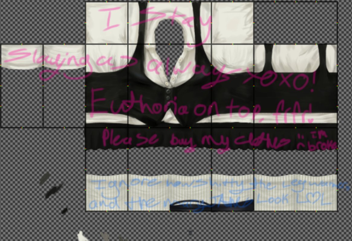 euthorias's tweet photo. 1 day later... still not even done. i might redo the leg warmers 🤷‍♀️

#roblox #robloxdesigner #robloxdesign #robloxdesigns #robloxdev #robloxclothes #robloxclothing #robloxart #robloxrtc #robloxclothingdesigner https://t.co/UvKocpztN5