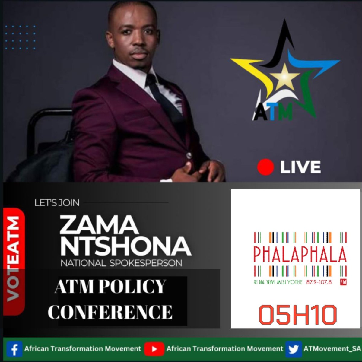 ATMovement_SA's tweet photo. INTERVIEW ALERT ⚠️
Zama Ntshona speaks to @Phalaphala FM on ATM's 1st Policy Conference that starting today @14h00 in Umgababa in the Province of KwaZulu-Natal.
#ATMPolicyConference
#ReadyToServe
#ReadyToGovern https://t.co/zL3zuPMlPO