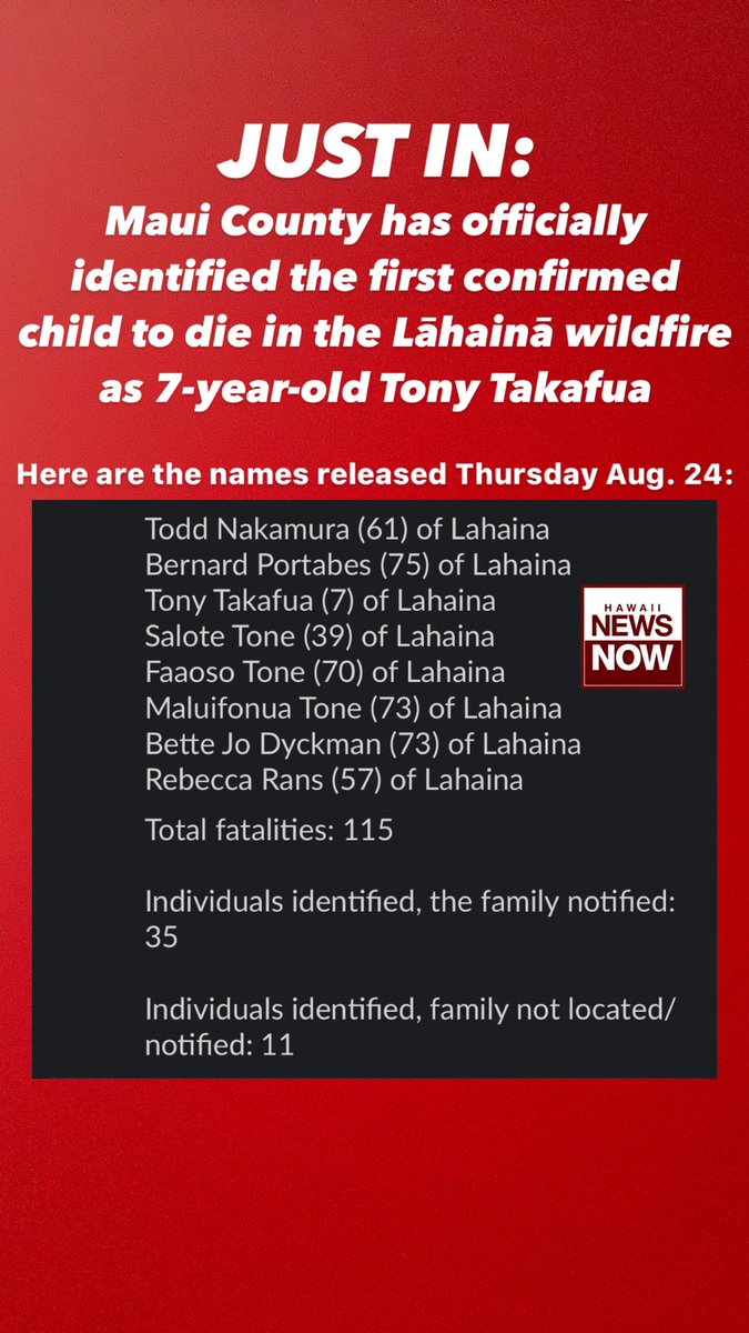 The first child victim of the Lāhainā wildfire disaster has been identified. 

See below for a link to a growing list of identified victims so far (1/2)