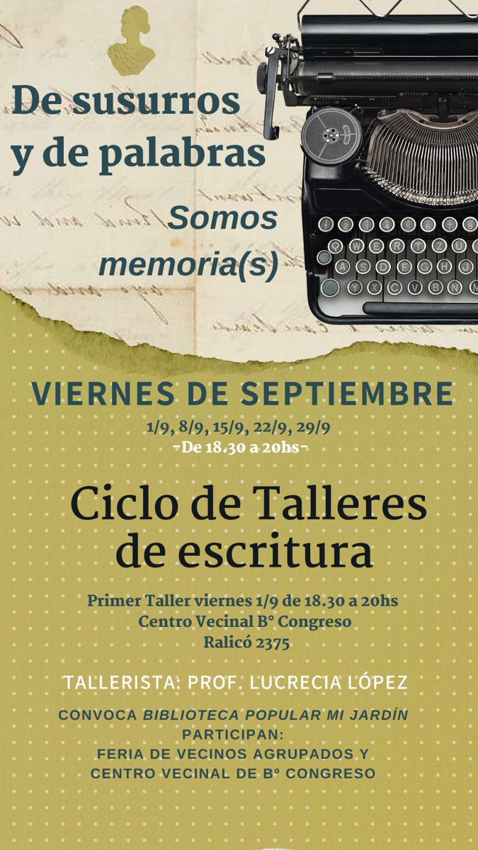 Con total alegría convocamos a la comunidad y la invitamos a participar de los Talleres de lectoescritura que llevará adelante la Prof. Lucrecia López. 
Presentación viernes 1 de septiembre a las 18:30 hs en nuestra sede vecinal, sita en Ralicó 2375  B° Congreso.
Los esperamos!!