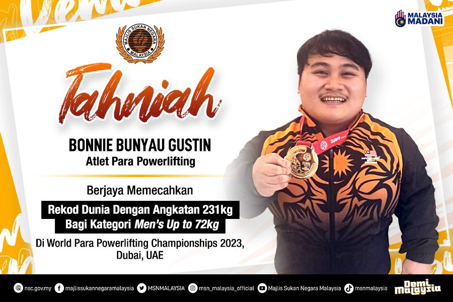 MSNMALAYSIA's tweet photo. Syabas Bonnie Bunyau Gustin!!!!! Berjaya memecahkan rekod dunia dengan angkatan 231kg bagi kategori Men's Up to 72kg di Kejohanan World Para Powerlifting Championships 2023 di Dubai, UAE.

#DemiMalaysia
#KontinjenMALAYSIA
#MalaysiaRoar
#Dubai2023
#AllianzMalaysia https://t.co/N0HhbxG9pz