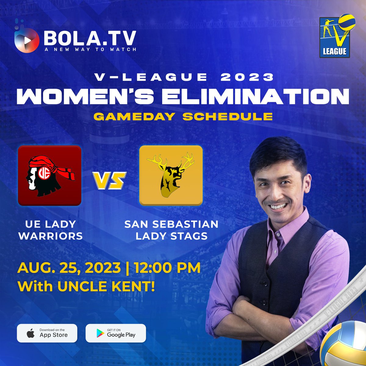 bolatvph's tweet photo. Up next on the #VLeaguePH Women's Eliminations stage isthe #UE Lady Warriors vs. The #SanSebastian Lady Stags LIVE at 12:00 PM with Uncle Kent!
Watch his stream on https://t.co/atidtgDxb0 and the https://t.co/niwES3YtiL App!

#BolaTV #BolaTVPH #VLeague #VLeaguePH https://t.co/GCzdSSFtfa