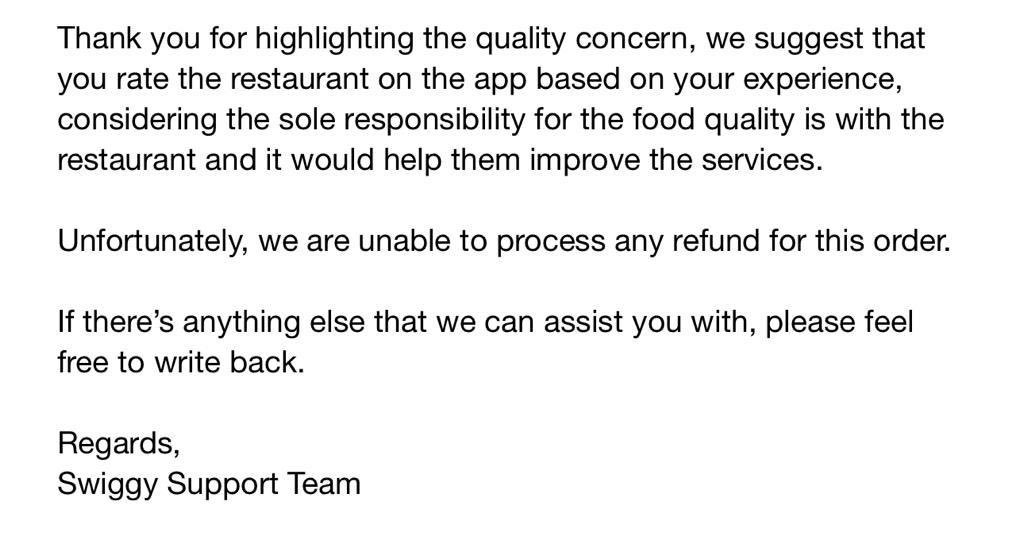 iambisu's tweet photo. #Momoz restaurant in #BTM Bengaluru, delivers us rocks in the name of chilly chicken for a mere 700 odd bucks and this is @Swiggy ‘s response when we seek a refund. Restaurant says they are sorry and Swiggy pins it on the restaurant. No responsibility on either 👏🏻 https://t.co/xIHkMdZQcI