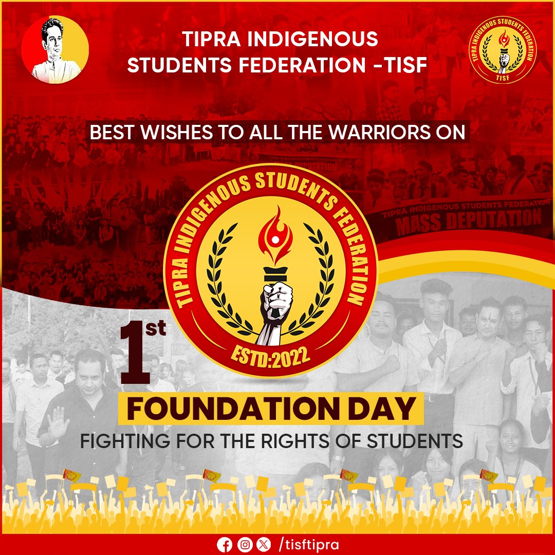tisftipra's tweet photo. Best wishes to all the #TISF Warriors on the occasion of @tisftipra 1st Foundation Day.

Over the past year, under the able guidance of our beloved Bubagra @PradyotManikya #TISF has been the flag bearer of student welfare causes.

#StudentUnityLongLive 
#TISFLongLive https://t.co/4TLv8rxwyQ