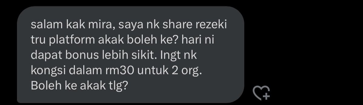There you go, another beautiful soul is sharing her rezqi through my platform. 

RM30 x 2 lucky followers.

As simple as RT tweet ni &amp; RT pinned tweet I.

8.30pm tonight I pilih pemenang. Good luck.