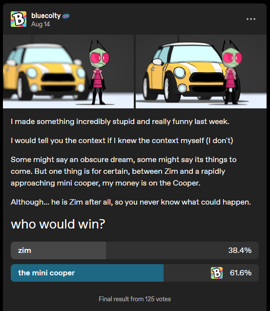 bluecolty's tweet photo. I ran a poll on my Tumblr blog the other day when I posted the Zim vs. Mini Cooper renders.
These were the results.
All the lads on Tumblr brought a great joy to my heart. I love democracy. Zim has lost.
@avtp_official would be disappointed in you all.
#avtp #InvaderZim https://t.co/7FA7scARA2