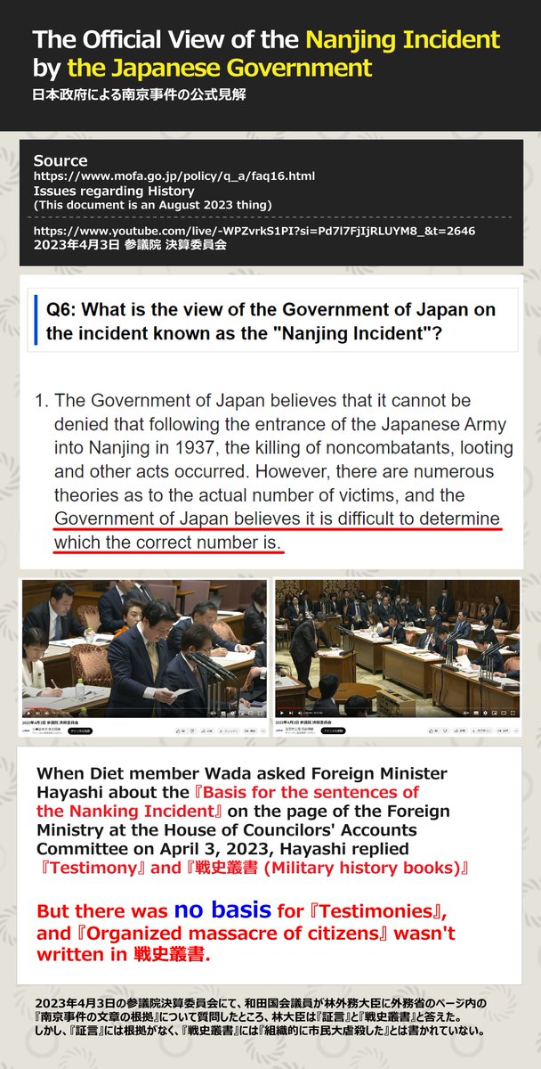 salwiho's tweet photo. 外務省の公式HP内の日本政府の公式見解はちゃんと読みましたか？
https://t.co/R2kCBcHIhT
https://t.co/rKWQnHvhPl

また、2023年4月の和田議員の国会質問で判明しましたが、南京事件時の組織的大虐殺の根拠となるものは存在していません
国会中継は見たこと無いのですか？
https://t.co/8QCoMfsanW https://t.co/1Zgl9wc9a0