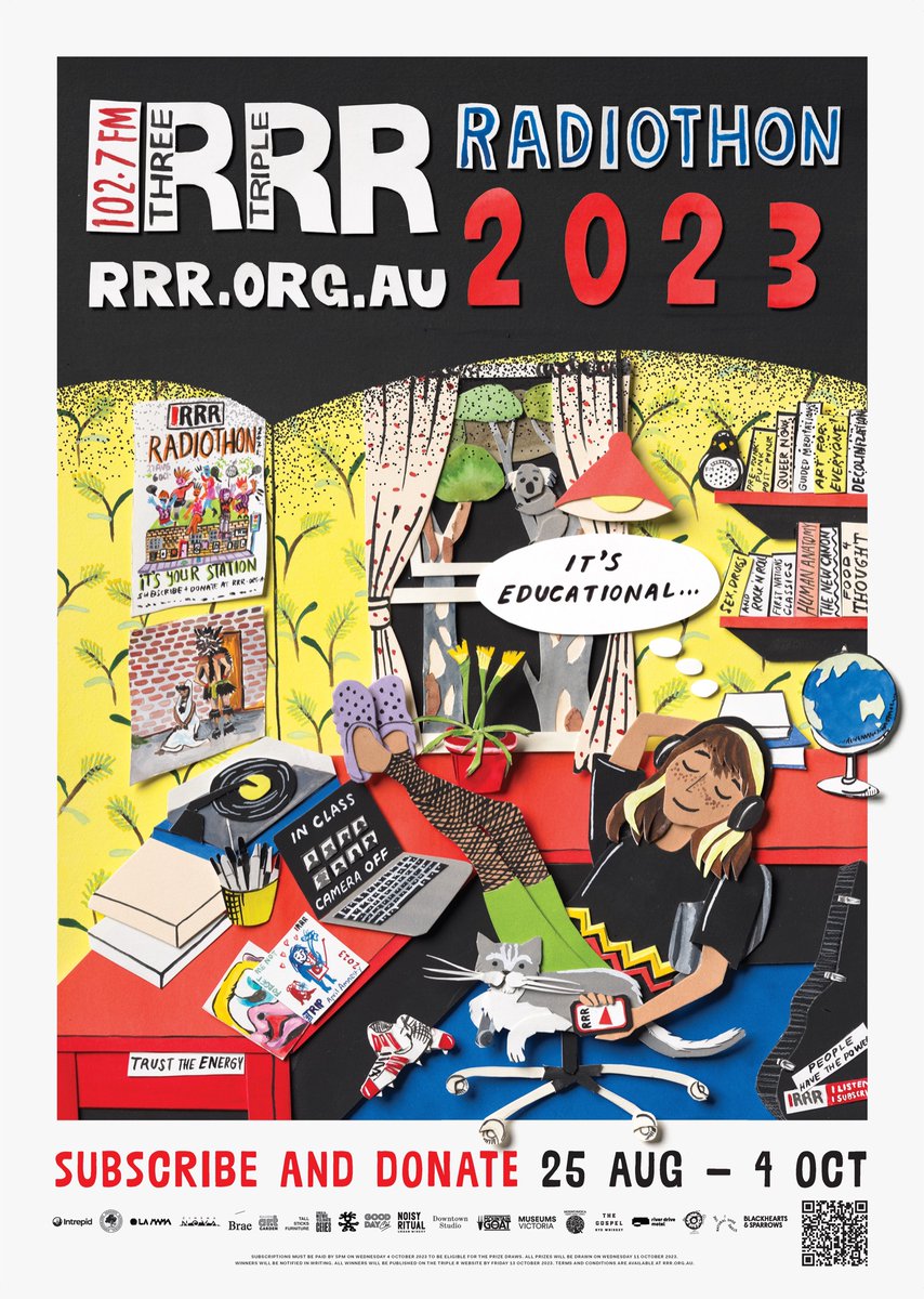 Triple R’s #Radiothon2023 is on now!

This year's <a href="/3RRRFM/">3rrrfm</a>'s theme is It's Educational! What have you learnt from listening to the station?

Help keep the school bells ringing for another year by becoming a subscriber and donor to Triple R.

#RRRItsEducational

🎨 Tai Snaith