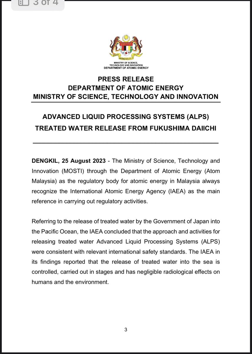 AtomMalaysia's tweet image. SIARAN MEDIA: PELEPASAN AIR TERAWAT DARI ADVANCED LIQUID PROCESSING SYSTEMS (ALPS) FUKUSHIMA, DAIICHI

PRESS RELEASE: ADVANCED LIQUID PROCESSING SYSTEMS (ALPS) TREATED WATER RELEASE FROM FUKUSHIMA DAIICHI
