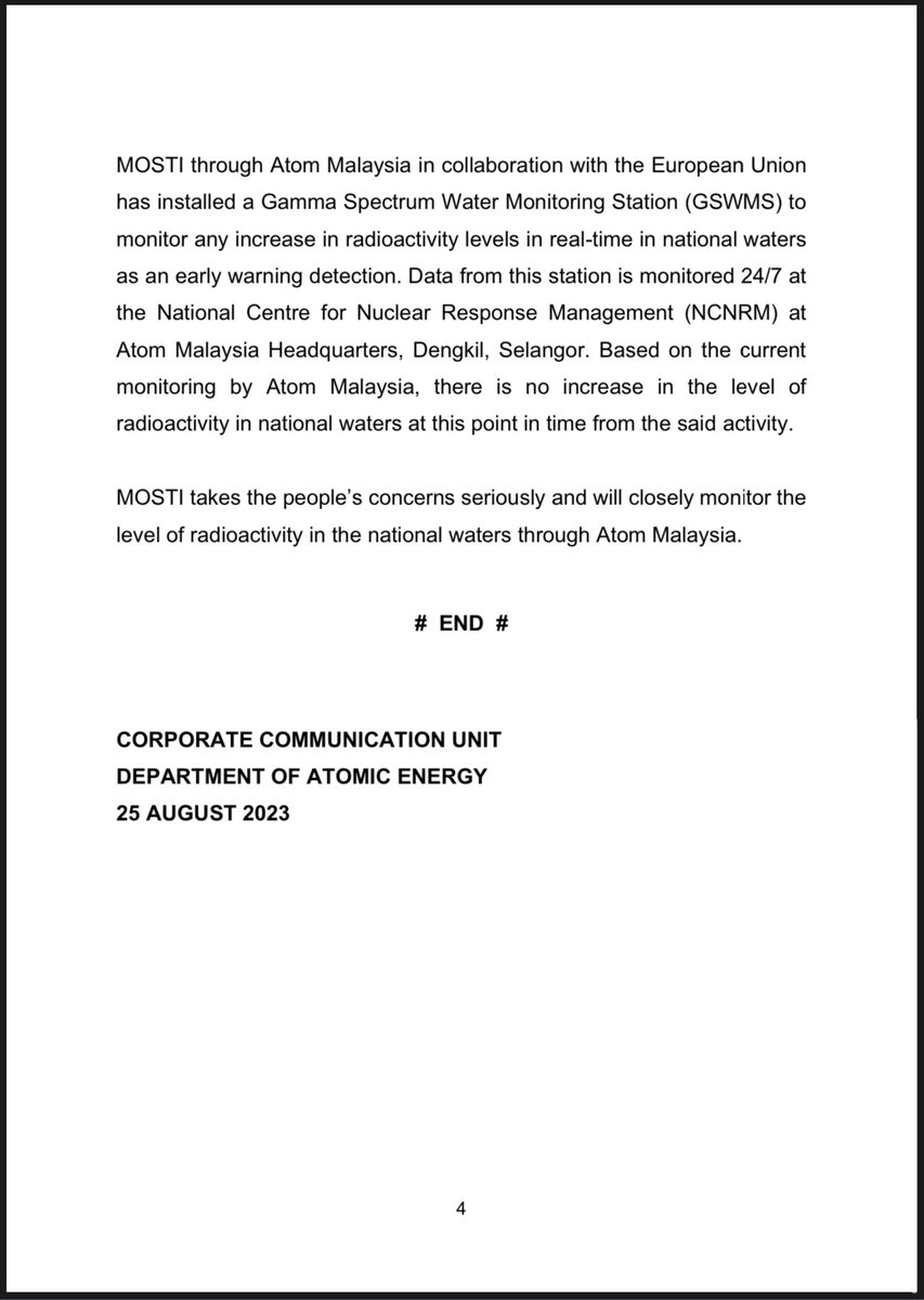 AtomMalaysia's tweet image. SIARAN MEDIA: PELEPASAN AIR TERAWAT DARI ADVANCED LIQUID PROCESSING SYSTEMS (ALPS) FUKUSHIMA, DAIICHI

PRESS RELEASE: ADVANCED LIQUID PROCESSING SYSTEMS (ALPS) TREATED WATER RELEASE FROM FUKUSHIMA DAIICHI
