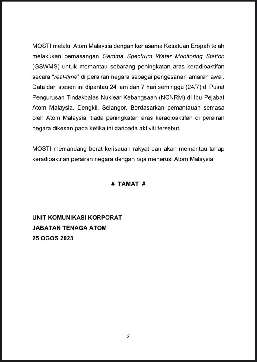 AtomMalaysia's tweet image. SIARAN MEDIA: PELEPASAN AIR TERAWAT DARI ADVANCED LIQUID PROCESSING SYSTEMS (ALPS) FUKUSHIMA, DAIICHI

PRESS RELEASE: ADVANCED LIQUID PROCESSING SYSTEMS (ALPS) TREATED WATER RELEASE FROM FUKUSHIMA DAIICHI