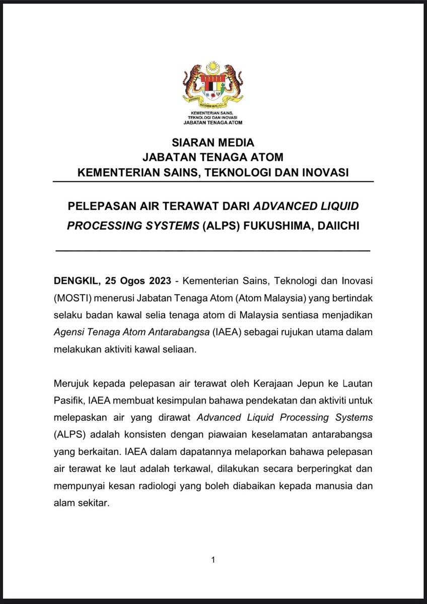 AtomMalaysia's tweet image. SIARAN MEDIA: PELEPASAN AIR TERAWAT DARI ADVANCED LIQUID PROCESSING SYSTEMS (ALPS) FUKUSHIMA, DAIICHI

PRESS RELEASE: ADVANCED LIQUID PROCESSING SYSTEMS (ALPS) TREATED WATER RELEASE FROM FUKUSHIMA DAIICHI