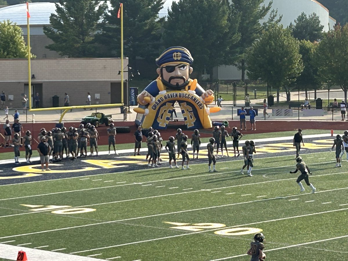 1035wawl's tweet photo. Grand Haven will resume their football game vs Reeths Puffer at 1:00pm Friday. Just got word at 11:30pm from Athletic Director Taylor Schriber.  We’ll have it!  They trail 14-7 with 10:27 left in the 2nd Quarter. https://t.co/nvpurkeNs5