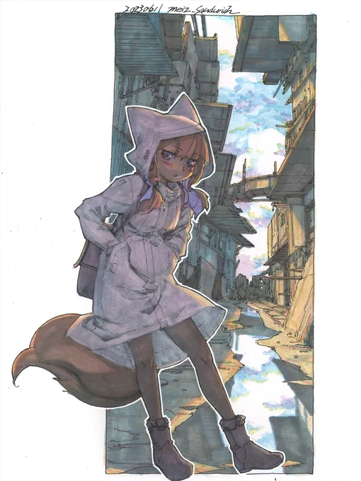 【アナログ1966:鏡の道】雨上がりの路地裏で。都合で絵のカウントが飛んでいます。 #水彩 #色紙 #原画 #狐娘